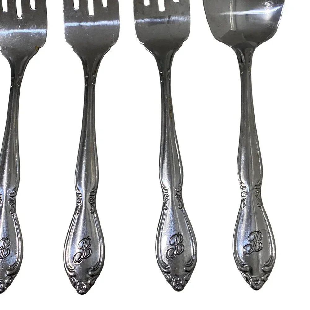 Vintage Monogram B Stainless Steel‎ Taiwan 5 Pieces Salad Forks Sugar Spoon